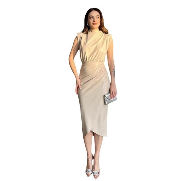 Women's Solid Color High Waist Stitching Pleated Slim Dress - Image 2