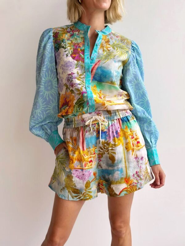 Casual Long Linen Sleeves Shirt Shorts Suit - Image 4