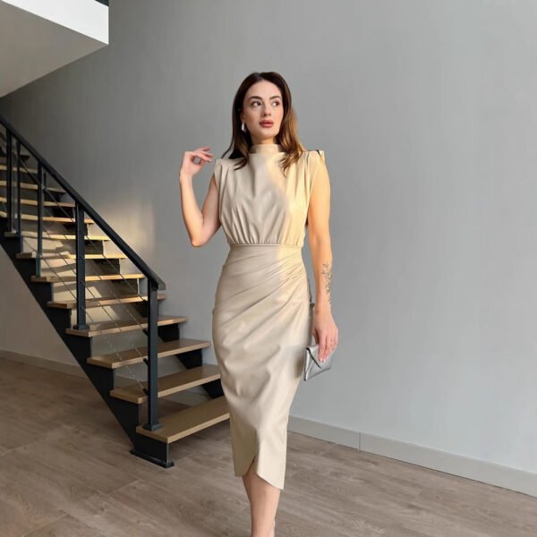 Women's Solid Color High Waist Stitching Pleated Slim Dress - Image 3