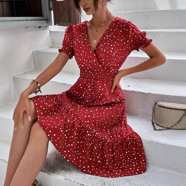 Casual Short Sleeve Cross Collar Polka Dot Dress - Image 3