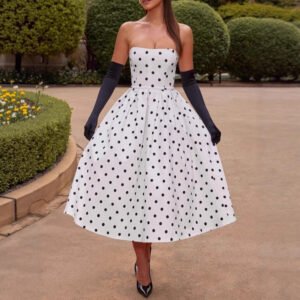 Polka Dot Tube Top Dress Waist Trimming Fashion Women