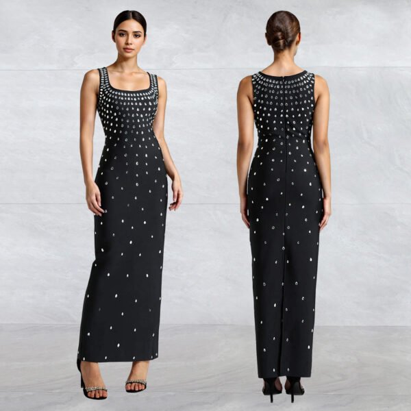 Rhinestone U-neck Sleeveless Sheath Tight Dress - Image 2