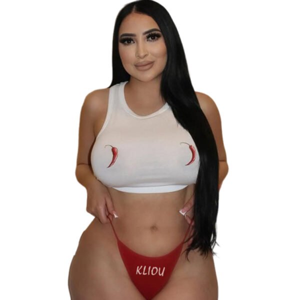 Sexy Slim Fit Round Neck Midriff-baring Vest Printed Low Waist Briefs Suit - Image 6