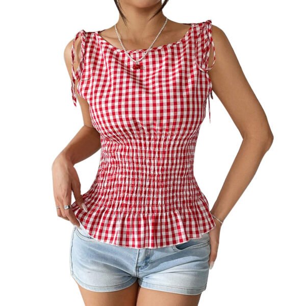 Plaid Camisole Sleeveless Lace Vest - Image 3