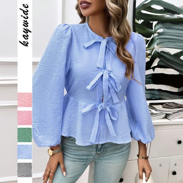 Elegant Design Contrast Color Tied Long Sleeves Shirt - Image 7
