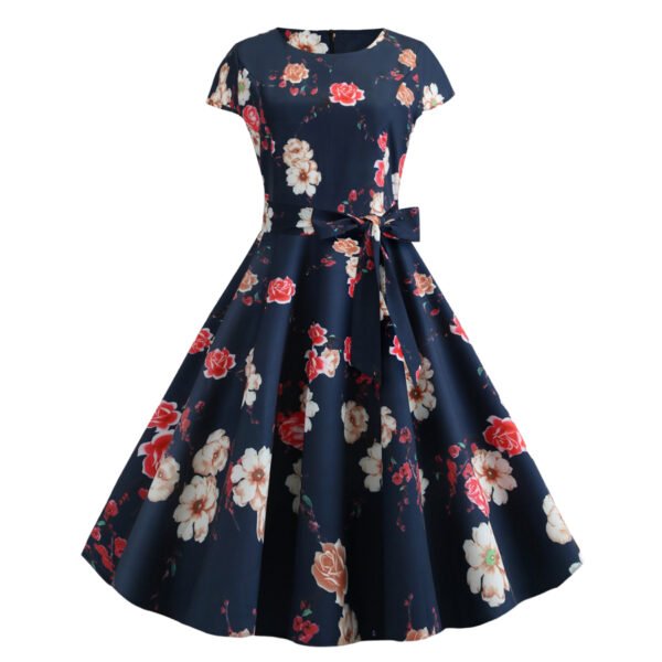 Retro Crew Neck Sleeve Waist Belt Printed Large Swing Dress - Image 4