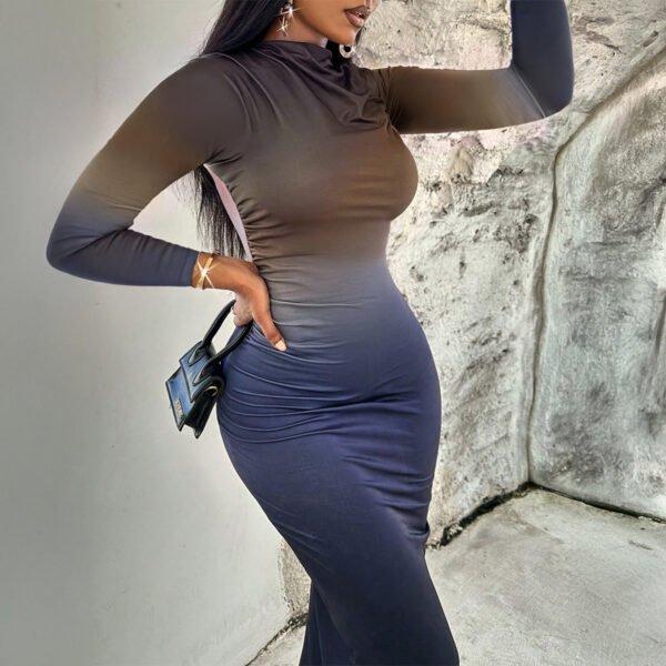 Slim-fit Contrast Colors Blooming Mid-length Sheath Long Sleeve Dress - Image 5