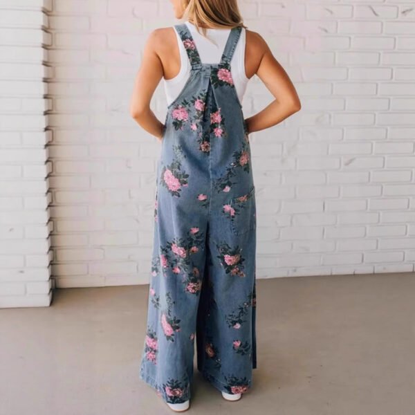 Fashion Denim Floral Print Sleeveless Strap Jumpsuit - Image 3