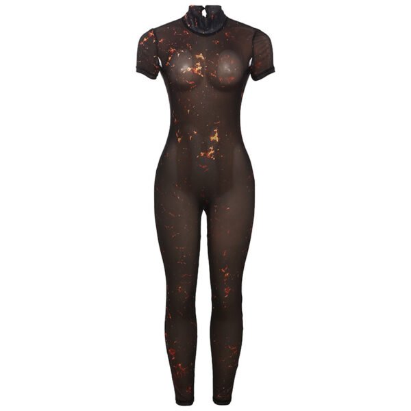 Fashion Sexy Half Turtleneck Button Printed Backless Hollow-out Tight Jumpsuit - Image 8