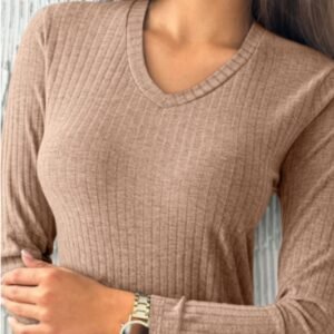 Straw Yellow Ribbed Knit V Neck Long Sleeve Slim Fit Top