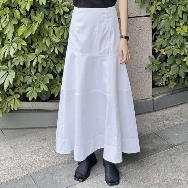Women's White High Waisted Spliced Cotton Mid Length Skirt - Image 6