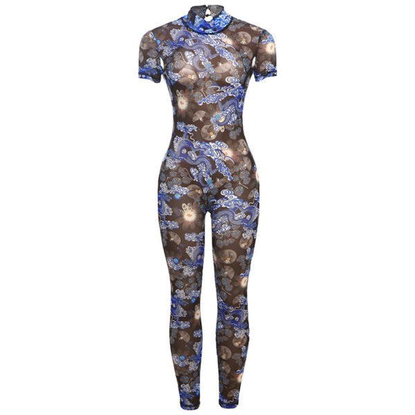 Fashion Sexy Half Turtleneck Button Printed Backless Hollow-out Tight Jumpsuit - Image 3