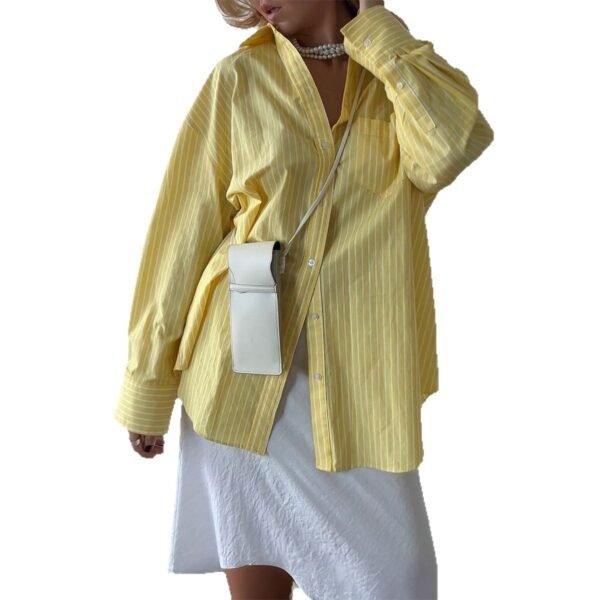 Casual Loose And Simple Style Button Cardigan Striped Contrast Color Top Shirt For Women - Image 5