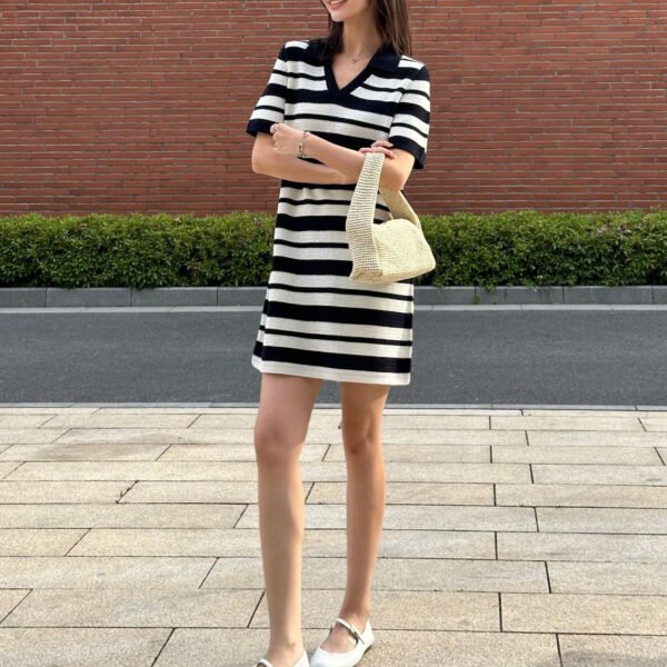Black And White Striped Hollow-out Blended Knitted Mini Dress Lapel Short Sleeve - Image 5