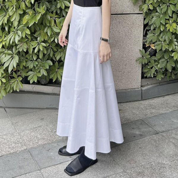 Women's White High Waisted Spliced Cotton Mid Length Skirt - Image 4