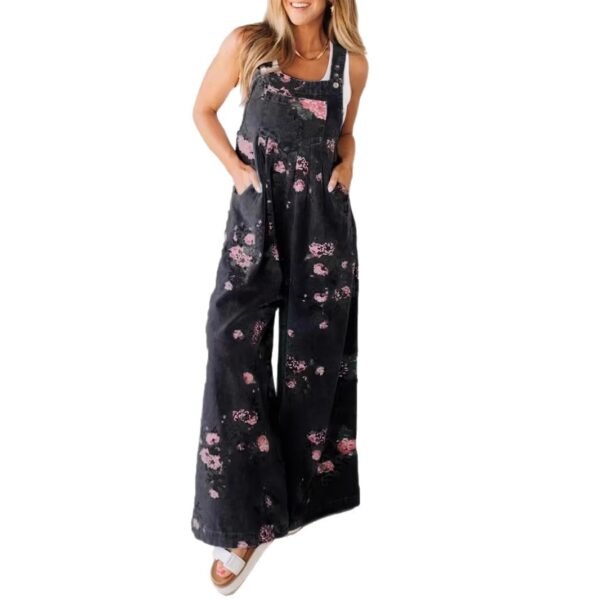Fashion Denim Floral Print Sleeveless Strap Jumpsuit - Image 4