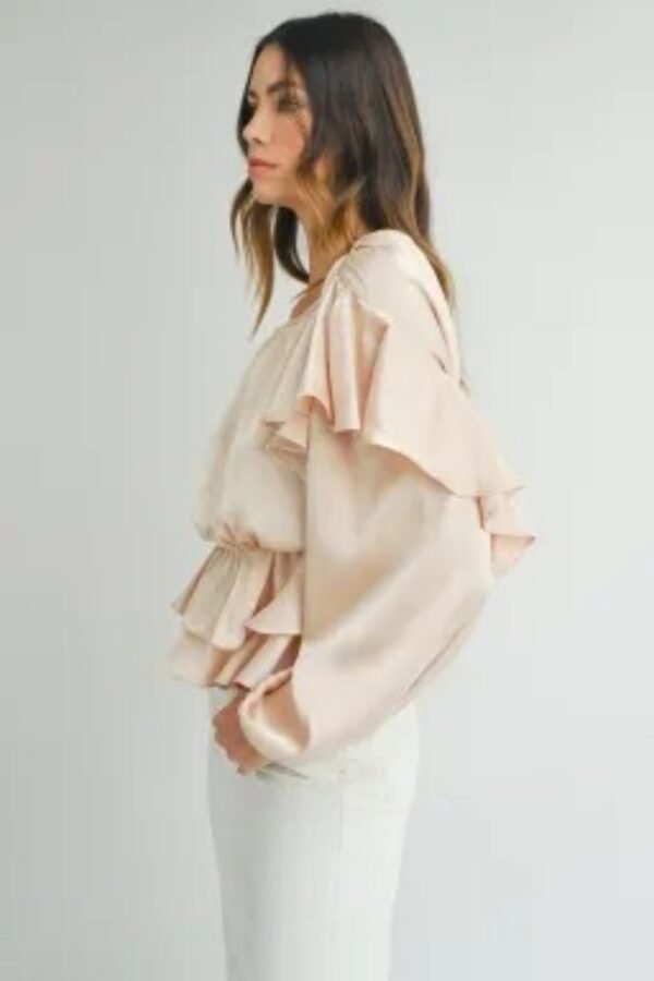 Oatmeal Lace-up Keyhole Back Ruffled Peplum Blouse - Image 2
