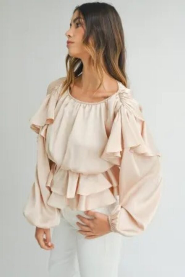 Oatmeal Lace-up Keyhole Back Ruffled Peplum Blouse - Image 4