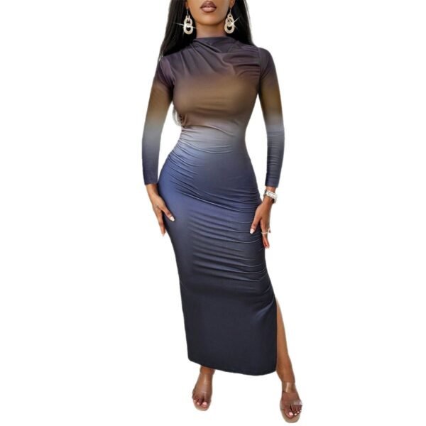 Slim-fit Contrast Colors Blooming Mid-length Sheath Long Sleeve Dress - Image 4