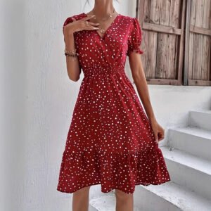 Casual Short Sleeve Cross Collar Polka Dot Dress