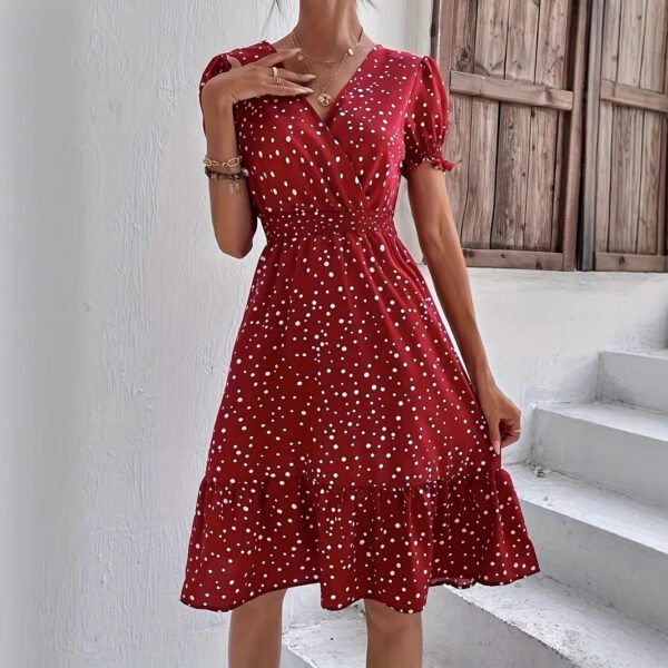 Casual Short Sleeve Cross Collar Polka Dot Dress