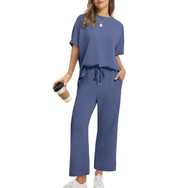 European And American Women's Solid Color Short-sleeved Casual Wide-leg Pants Suit - Image 3