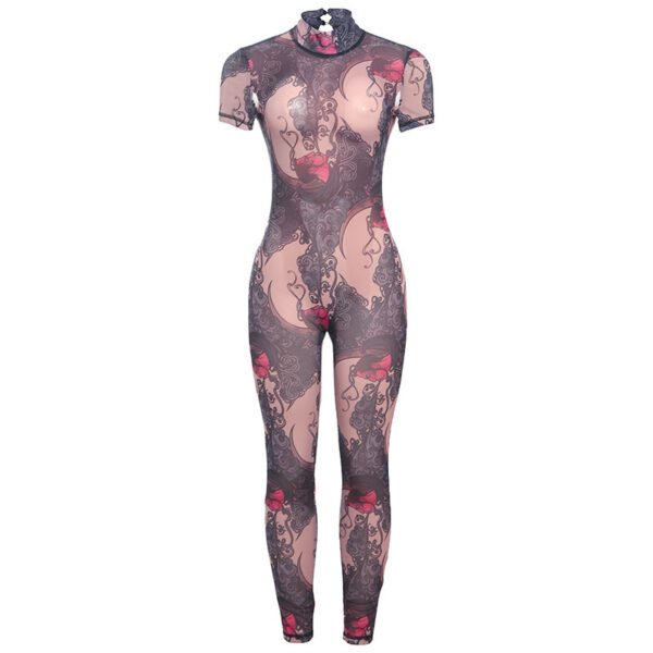 Fashion Sexy Half Turtleneck Button Printed Backless Hollow-out Tight Jumpsuit - Image 5