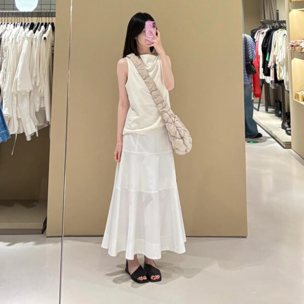 Women's White High Waisted Spliced Cotton Mid Length Skirt - Image 5