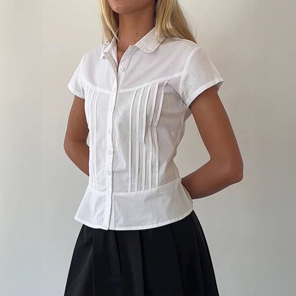 Casual Waist Tight Solid Color Short-sleeved Shirt Pleated Shirt Women's Clothing - Image 3