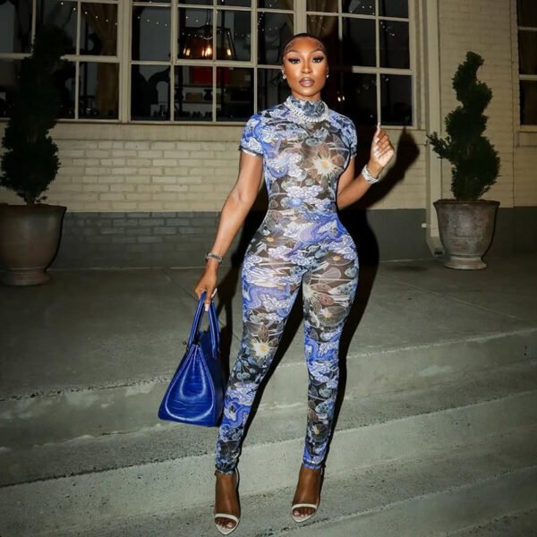 Fashion Sexy Half Turtleneck Button Printed Backless Hollow-out Tight Jumpsuit - Image 4