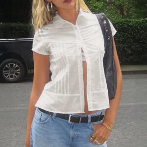 Casual Waist Tight Solid Color Short-sleeved Shirt Pleated Shirt Women's Clothing