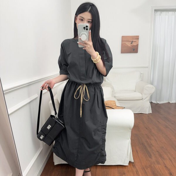 French Parachute Drawstring Waist Dress Round Neck - Image 5