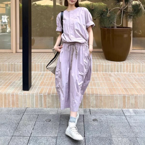 French Parachute Drawstring Waist Dress Round Neck - Image 3