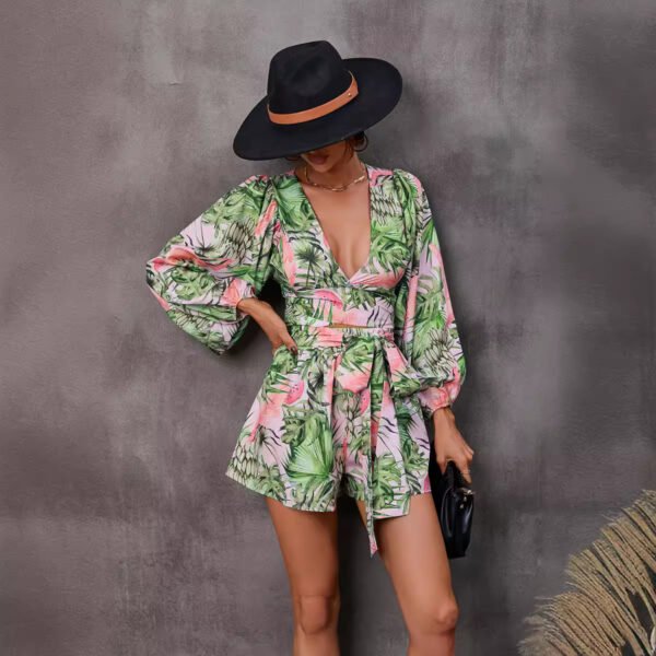 Autumn Flowers Long Sleeve Shorts V-neck Jumpsuit - Image 8