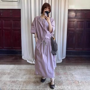 French Parachute Drawstring Waist Dress Round Neck