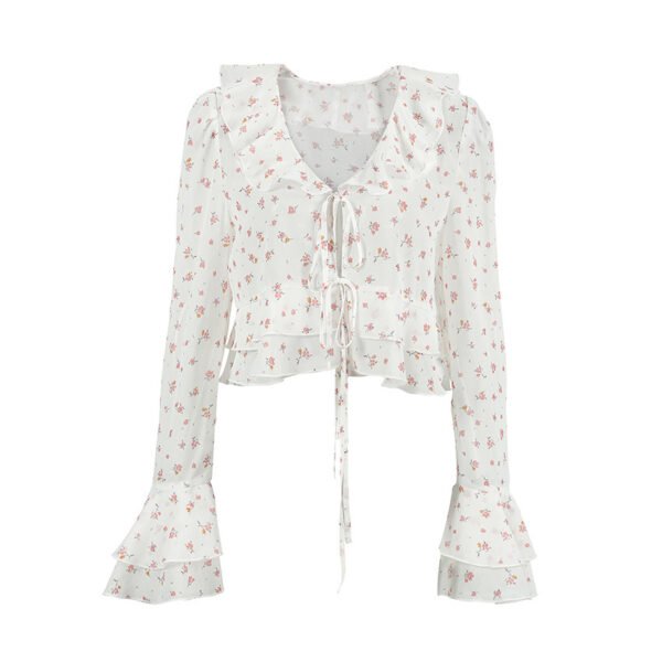Women's Chiffon Printed Slim-fit Flared Sleeves Tied Lotus Leaf Shirt - Image 2