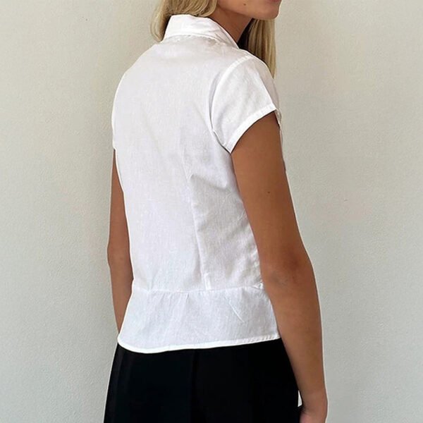 Casual Waist Tight Solid Color Short-sleeved Shirt Pleated Shirt Women's Clothing - Image 4