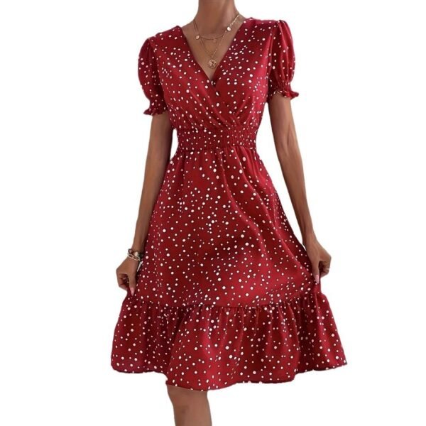 Casual Short Sleeve Cross Collar Polka Dot Dress - Image 2