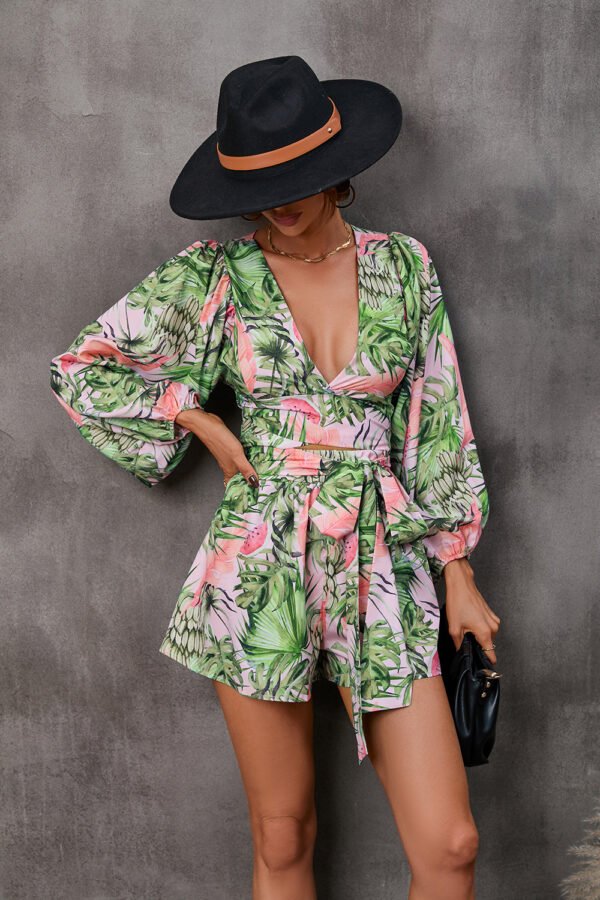 Autumn Flowers Long Sleeve Shorts V-neck Jumpsuit - Image 6